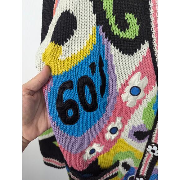 Vintage No Jeans Sweater Cardigan Jacket Graphic Patches Hip Hop Flower Power - Picture 10 of 14